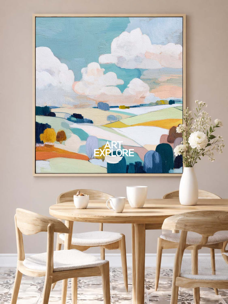 Textured Abstract Landscape Painting With Rolling Hills And Soft Colors For Modern Home Decor