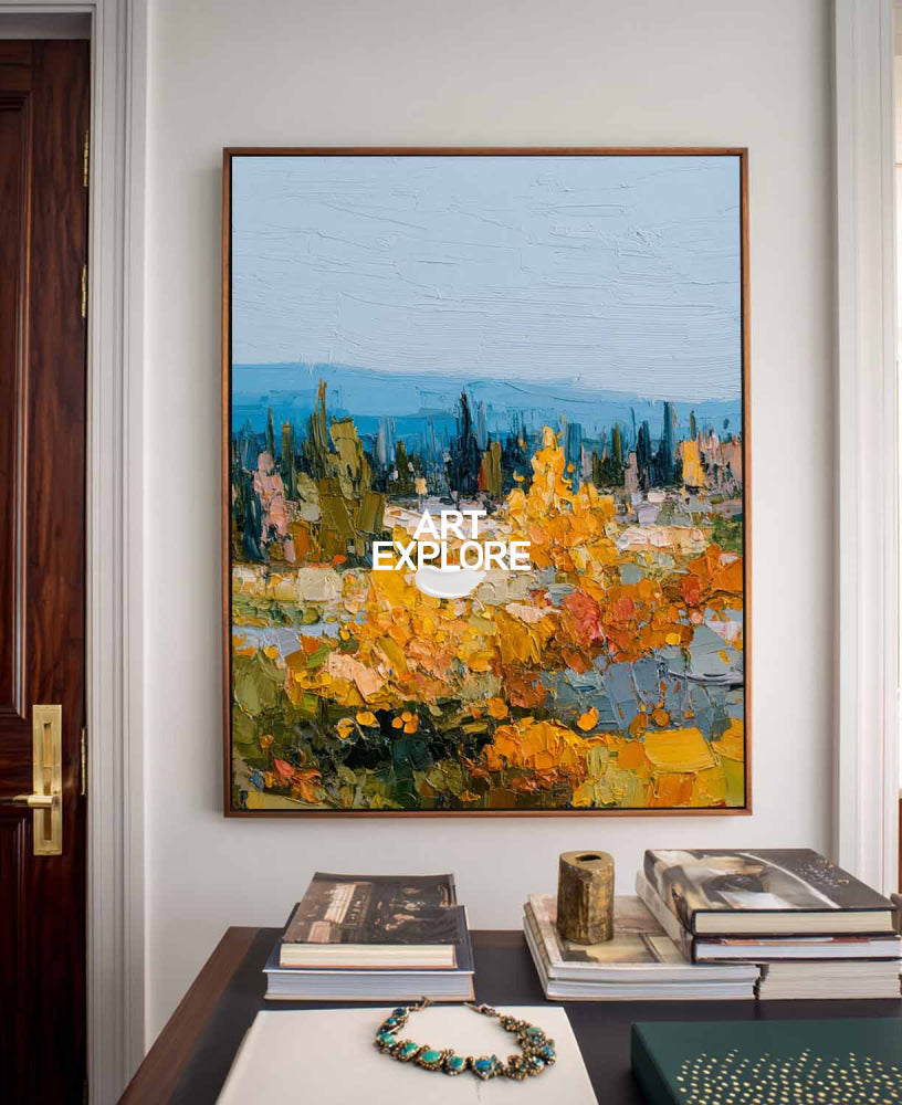 Golden Autumn Forest Landscape Oil Painting With Rich Texture For Living Room Decor