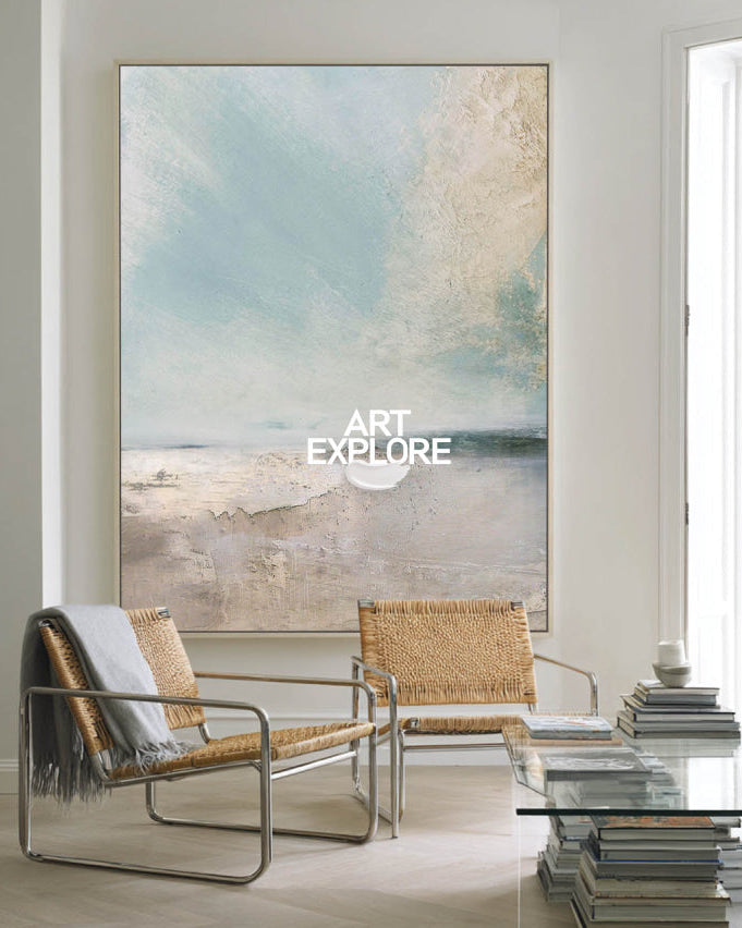 Original Nature Landscape Painting In Blue And Beige For Bedroom Wall Art Design