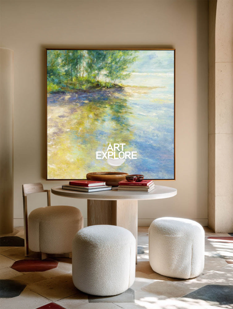 Textured Impressionist Lake Scene Oil Painting With Golden Accents For Modern Interior Design