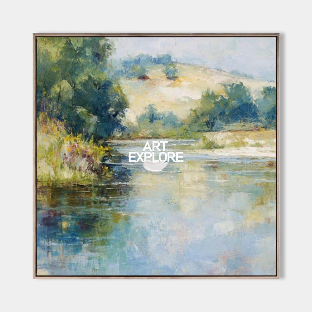 Serene Country River Art Print In Square Format With Soft Blue And Green Tones For Bedroom Wall