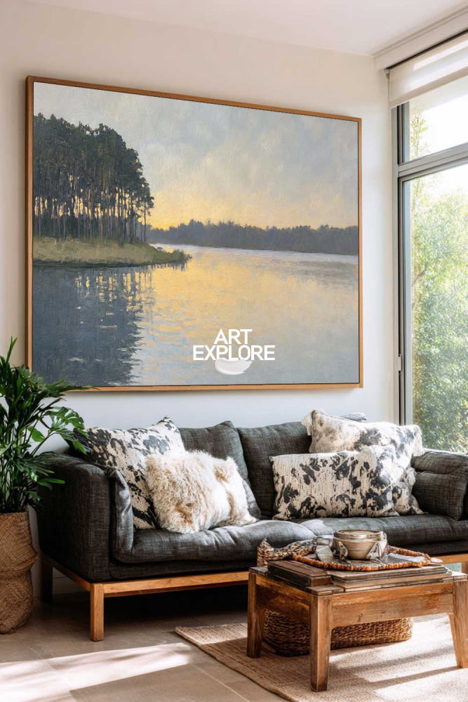 Serene Sunset Lake Painting With Forest Reflections For Modern Living Room Decor