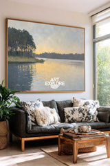 Serene Sunset Lake Painting With Forest Reflections For Modern Living Room Decor