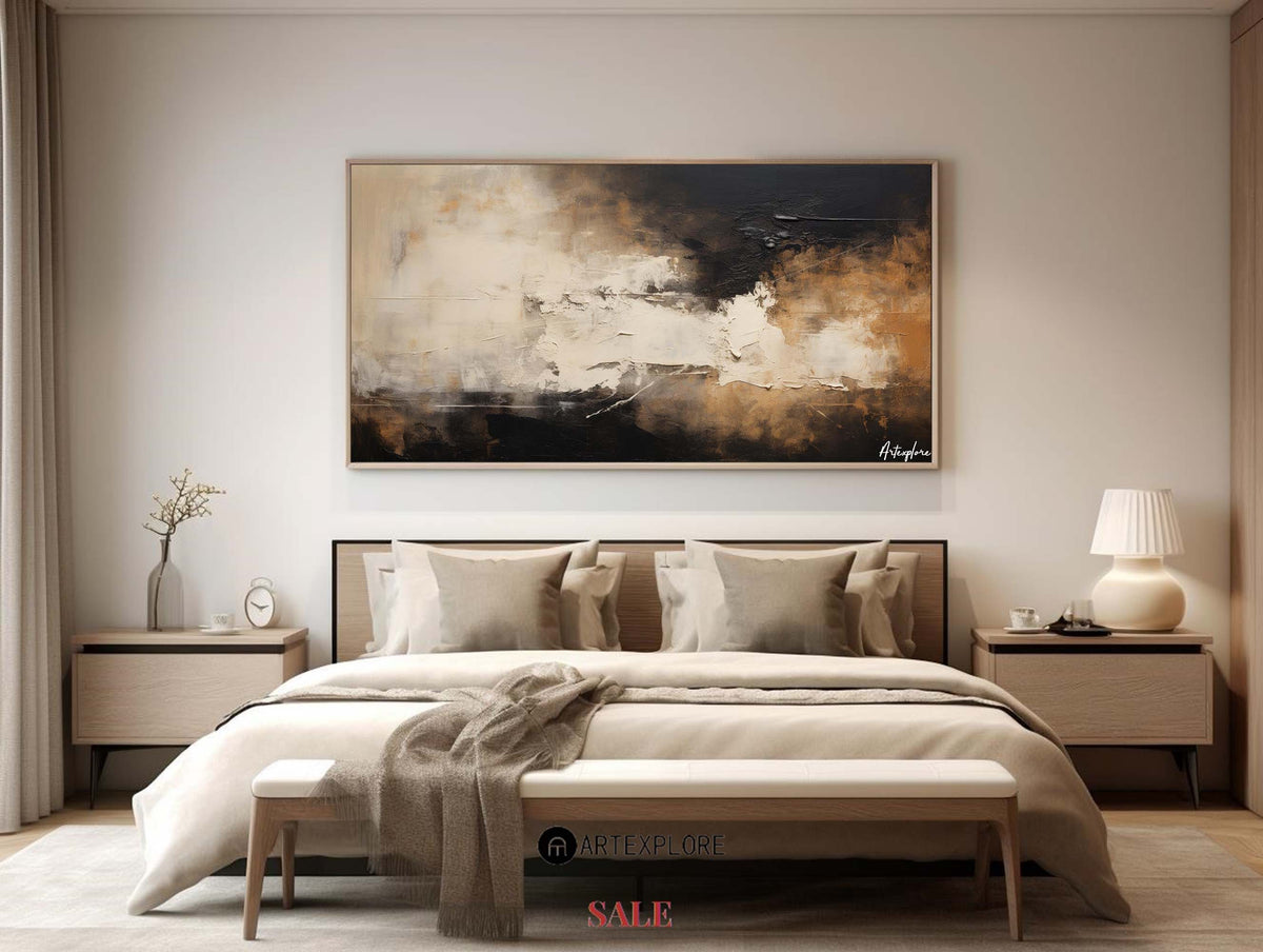 Large canvas paintings, dark beige and black abstract wall art, rich textured paintings