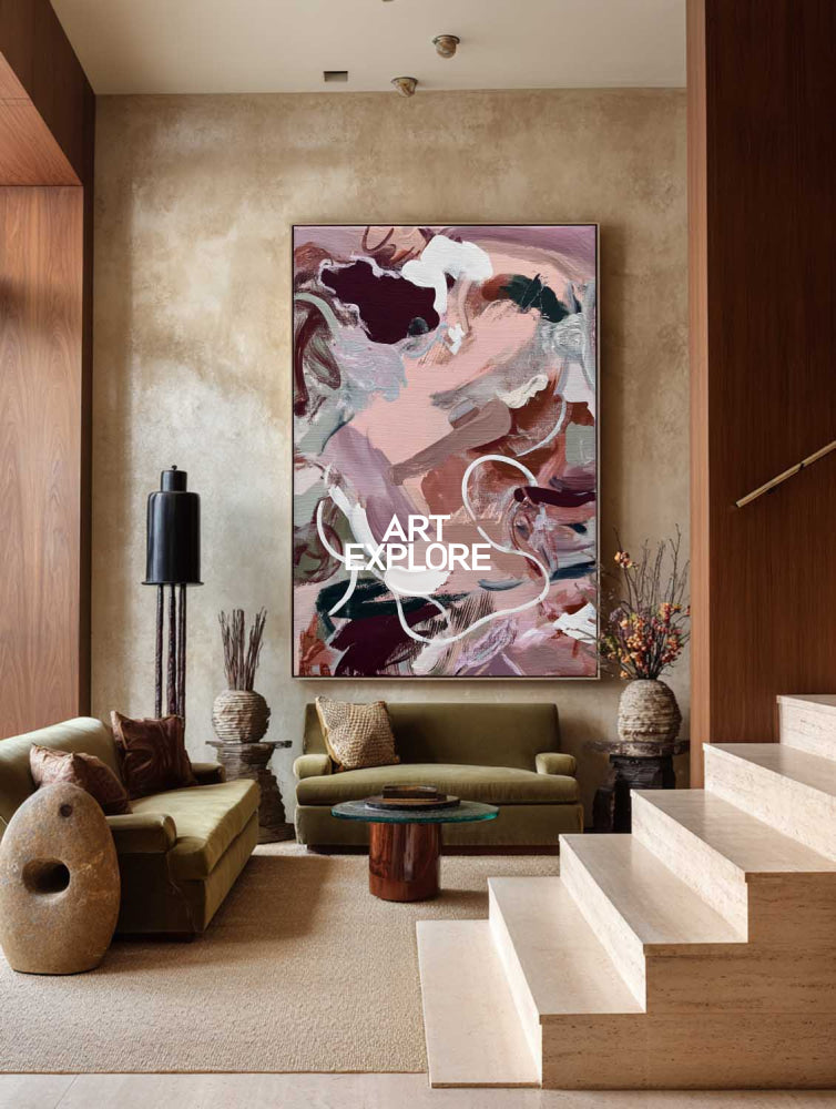 Modern Pink Abstract Painting Vertical Canvas Wall Art For Contemporary Living Room Decor