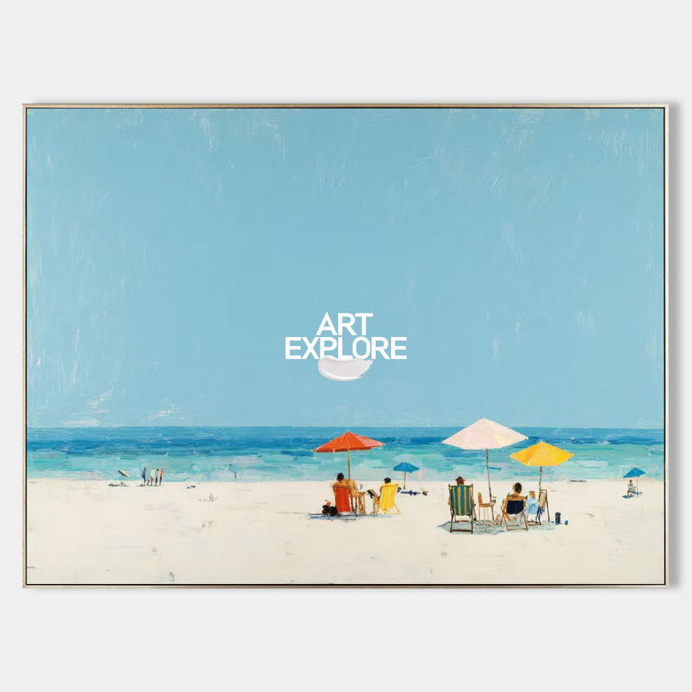 Abstract Beach Seascape Painting With Blue Sky And Umbrellas For Coastal Home Decor