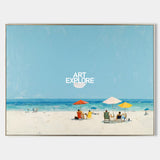 Abstract Beach Seascape Painting With Blue Sky And Umbrellas For Coastal Home Decor