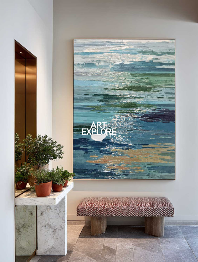 Abstract Seascape Painting With Blue Green Waves And Gold Accents For Modern Living Room Decor