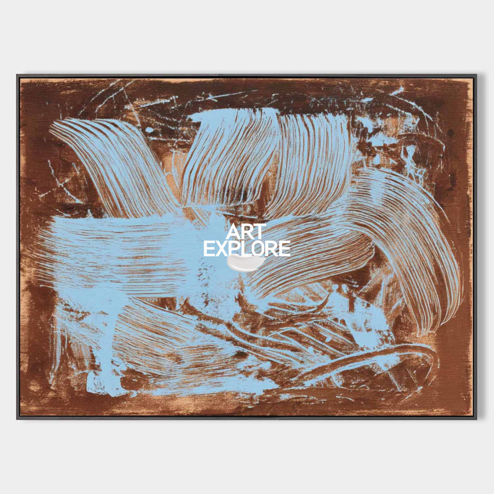 Modern Abstract Painting With Blue And Brown Textured Brushstrokes For Living Room Decor