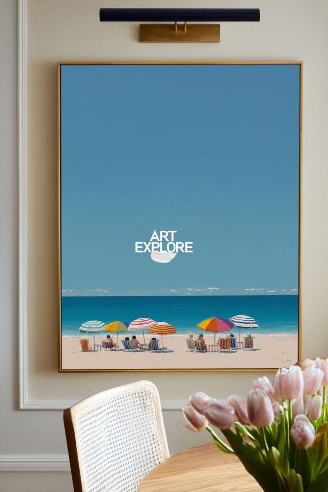 Modern Blue Beach Painting With Colorful Umbrellas For Coastal Living Room Decor