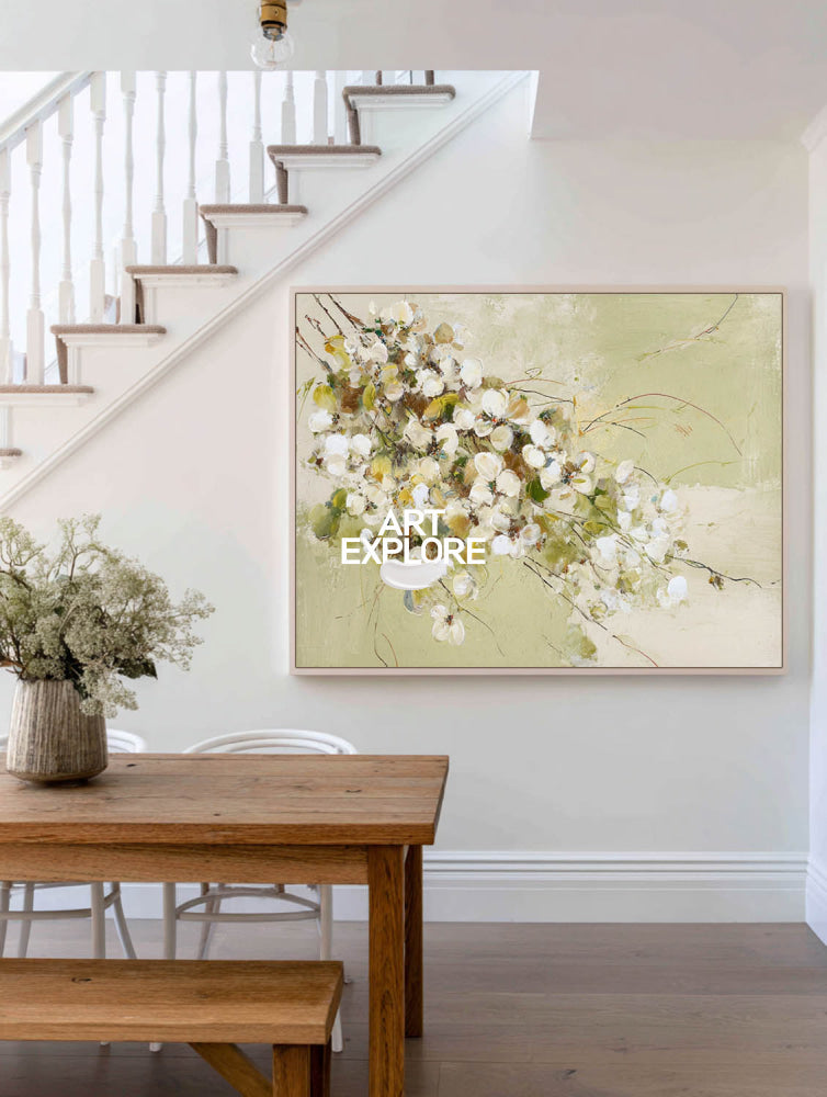 Modern Floral Oil Painting With Textured Green And White Blossoms For Living Room Decor