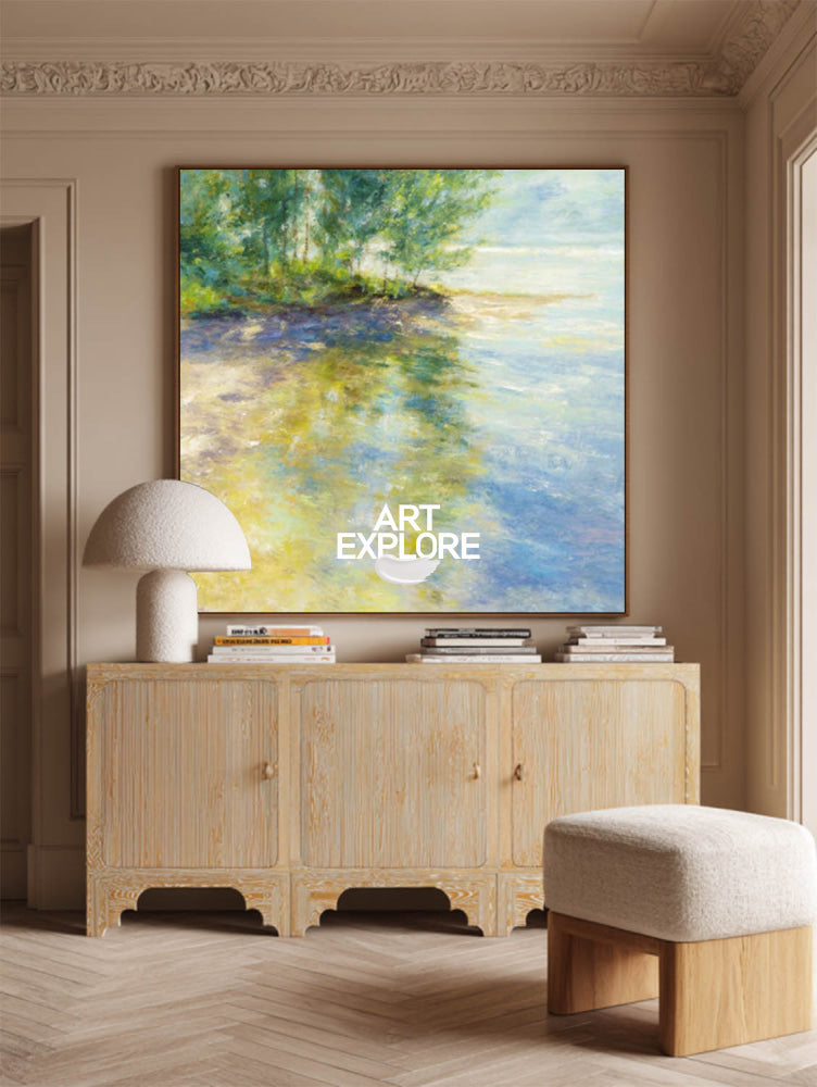 Textured Impressionist Lake Scene Oil Painting With Golden Accents For Modern Interior Design