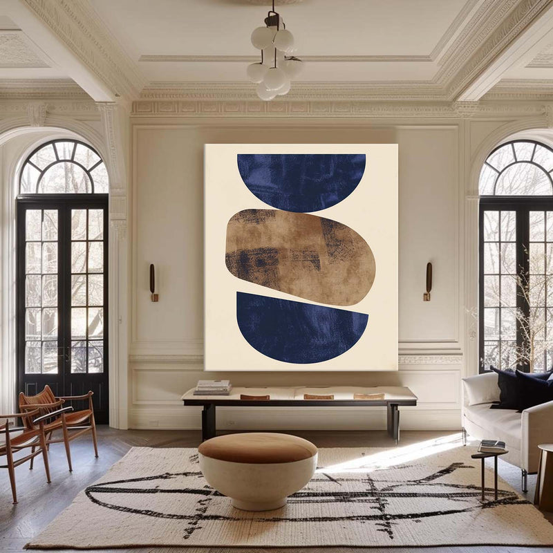 Beige And Blue Textured Geometric Abstract Painting Large Minimalist Wall Art For Sale