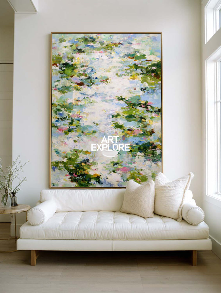 Original Botanical Abstract Art Green And White Floral Canvas For Bedroom