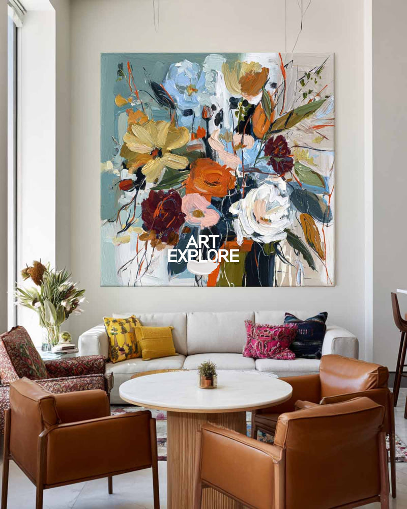 Modern Floral Bouquet Oil Painting Expressive Abstract Art On Canvas For Living Room Decor