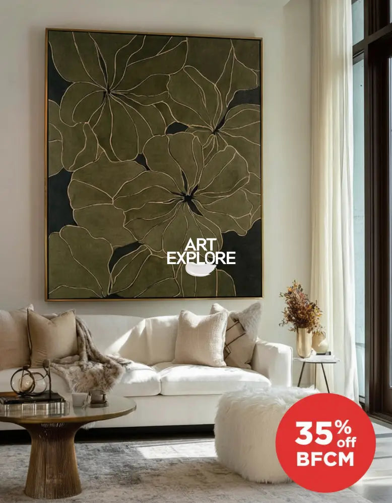 Modern Dark Green Floral Texture Painting, Large Wabi-Sabi Wall Decor | ArtExplore