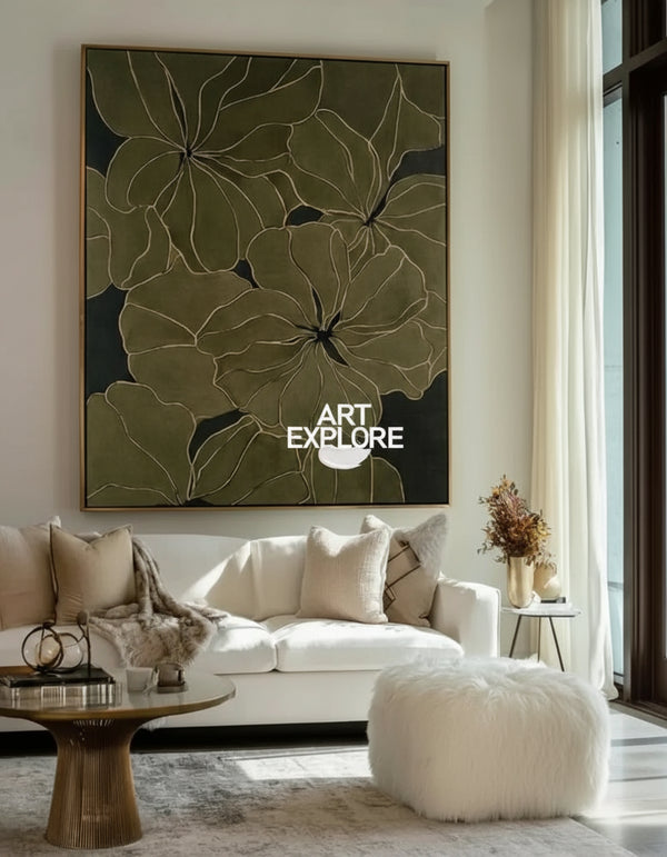 Modern Dark Green Floral Texture Painting, Large Wabi-Sabi Wall Decor | ArtExplore