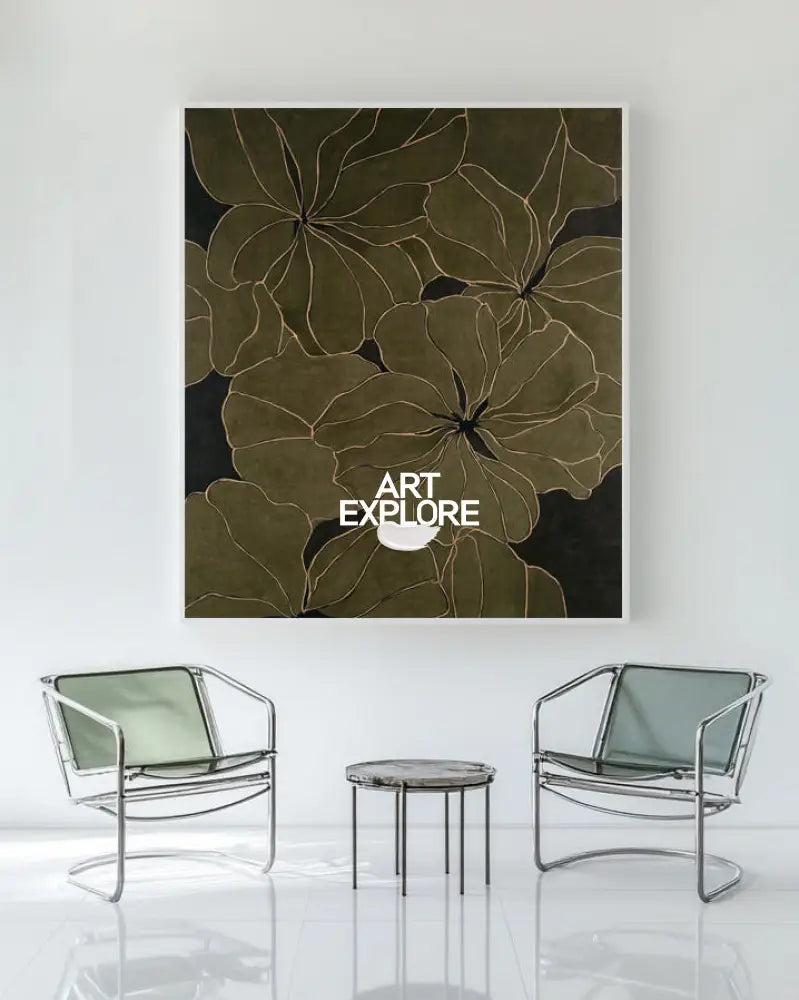 Handcrafted Wabi-Sabi Floral Canvas, Modern Dark Green Wall Art | ArtExplore
