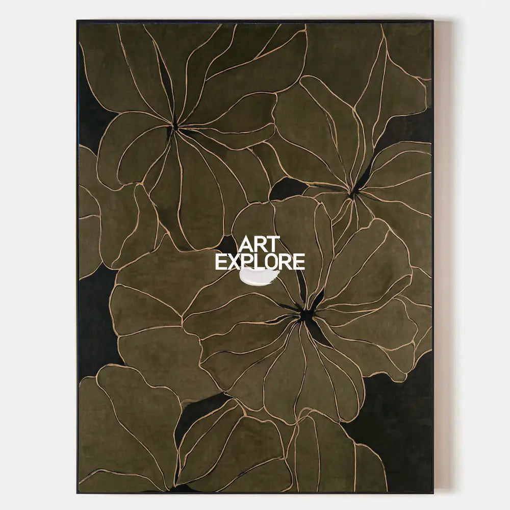 Large Dark Green Floral Wabi-Sabi Wall Art, Minimalist Handmade Canvas | ArtExplore