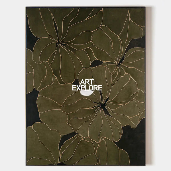 Large Dark Green Floral Wabi-Sabi Wall Art, Minimalist Handmade Canvas | ArtExplore