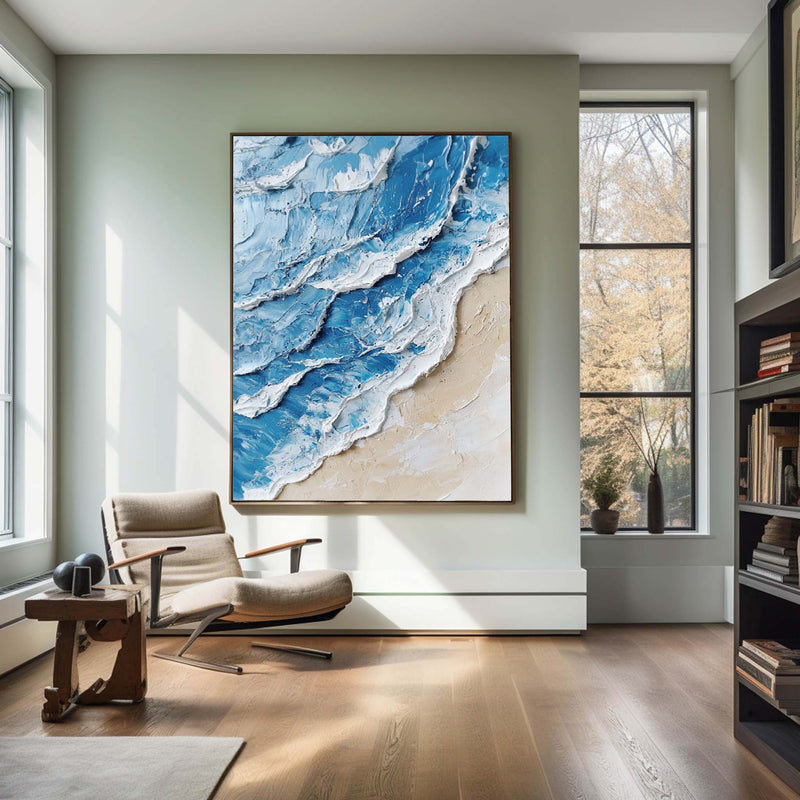 Large Blue Ocean Wave Wall Art Paintings White Blue Sea Art Painting Blue Textured Wall Art 
