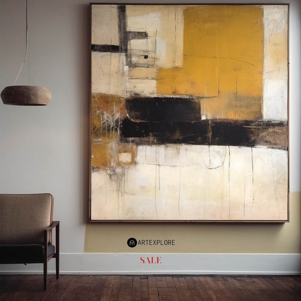 Dark Yellow Abstract Art On Canvas Modern Beige Palette Knife Painting Abstract Painting For Sale