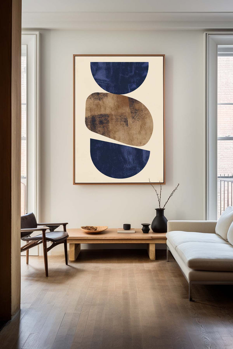 Beige And Blue Textured Geometric Abstract Painting Large Minimalist Wall Art For Sale