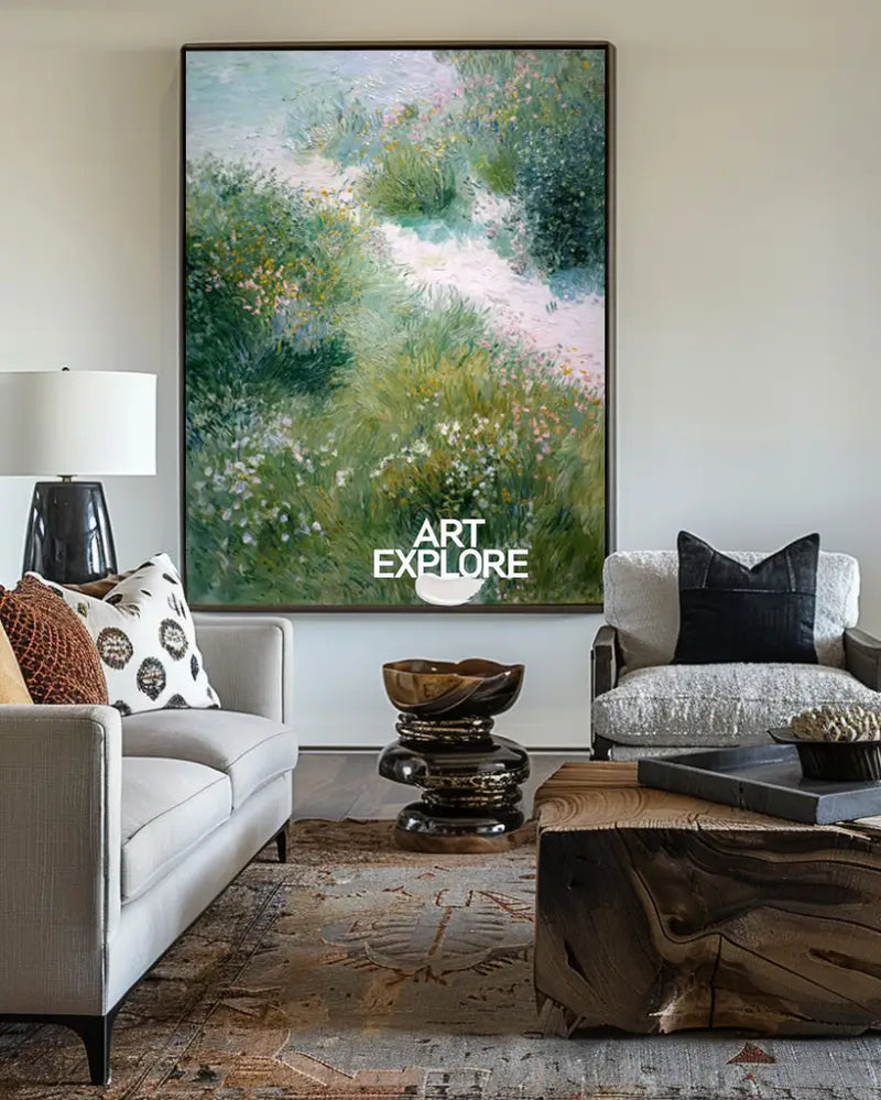 Tranquil Garden Path Oil Painting | Vertical Handmade Canvas Wall Decor | ArtExplore
