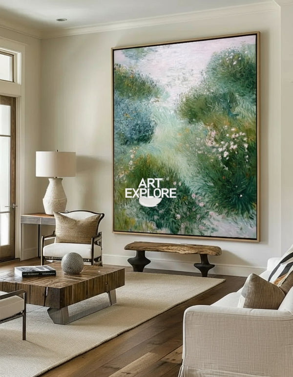 Tranquil Nature Path Oil Painting | Vertical Green Landscape Canvas | ArtExplore