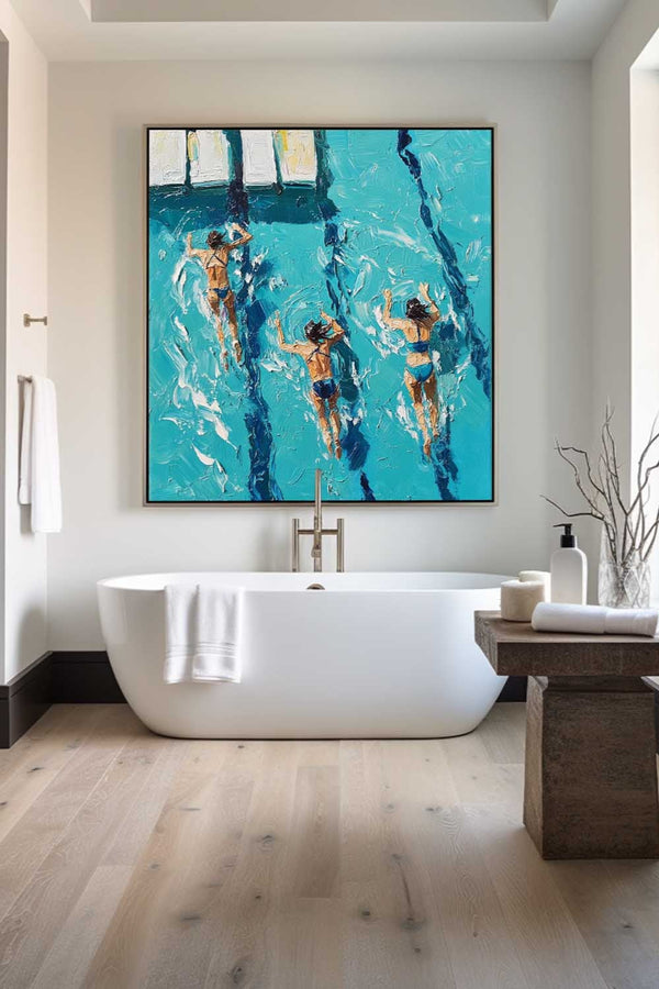 Large Swimming Painting Blue Swimming Textured Wall Art Modern Sport Painting For Sale