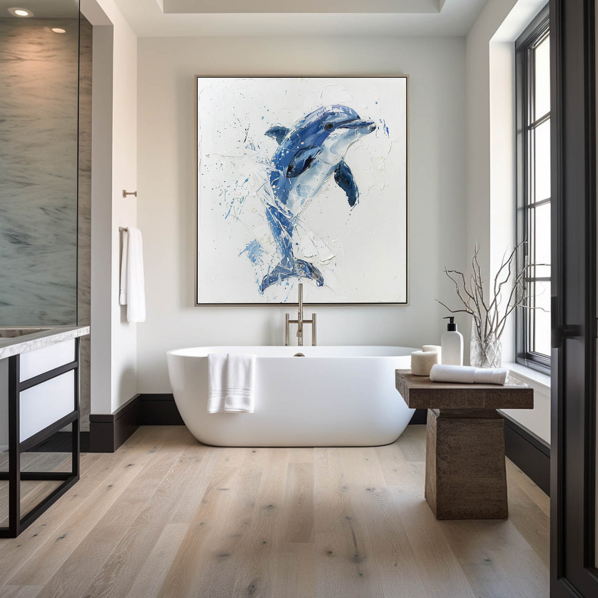 Large Original Abstract Blue Dolphin Oil Painting On Canvas Modern Animal Dolphin Art Wall Art Minimalist Apartment Baby Room Decor