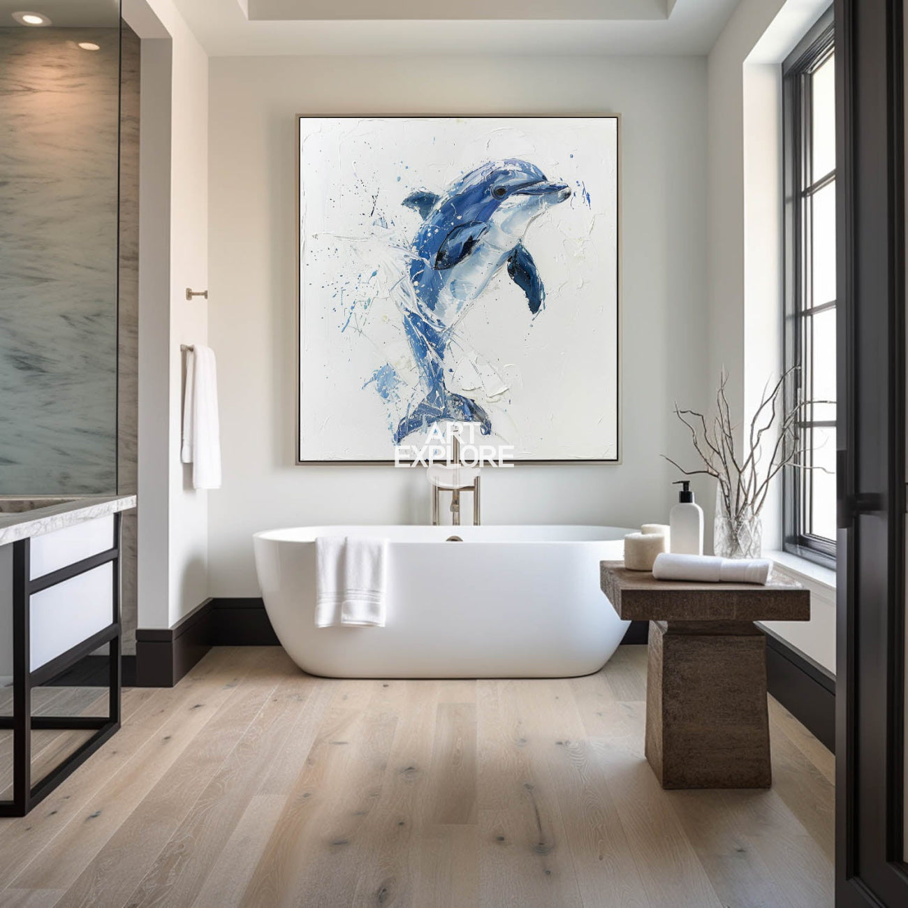 Large Original Abstract Blue Dolphin Oil Painting On Canvas Modern Animal Dolphin Art Wall Art Minimalist Apartment Baby Room Decor