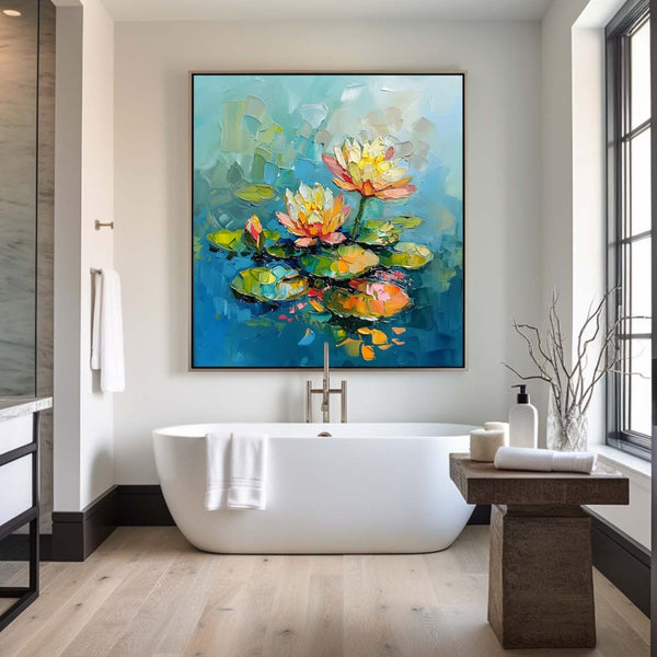 Green Pond Painting Beautiful Lotus Plaster Painting Rich Textured Artworks Canvas Art For Livingroom
