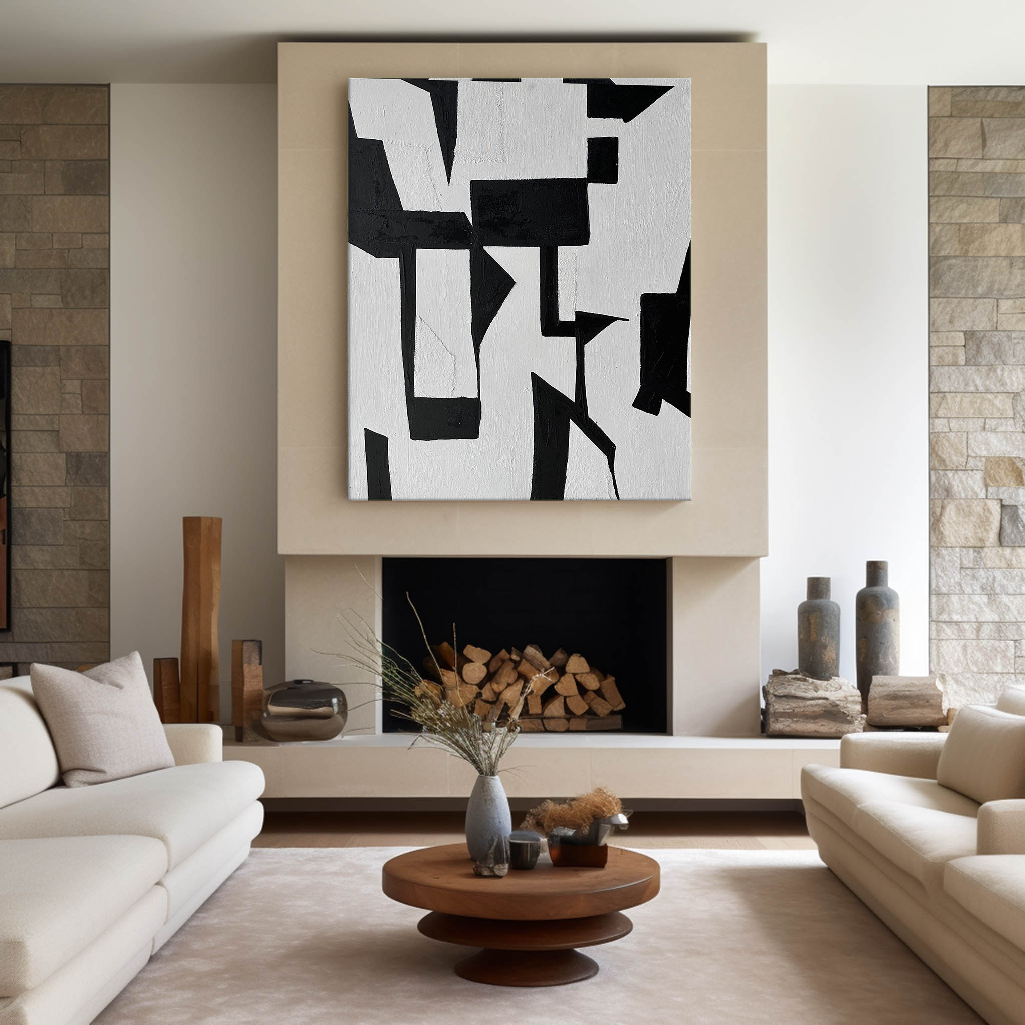 Modern Black And White Abstract Canvas Wall Art Minimalist Art ...