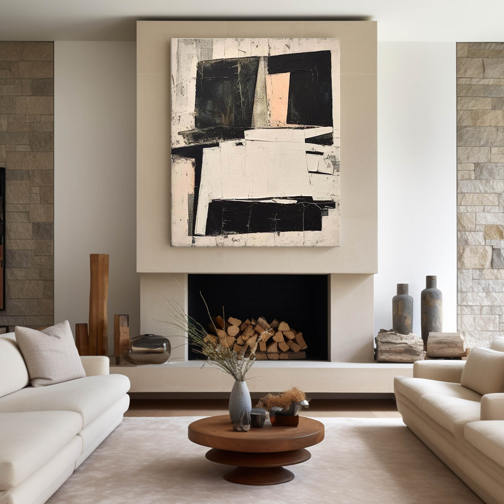 Modern Black And White Abstract Canvas Wall Art Earth Tone Minimalist ...