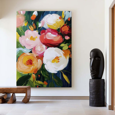 Modern Colorful Flowers Painting Bauhaus Wall Art Rich Textured Flowers Artworks Canvas Art for Livingroom