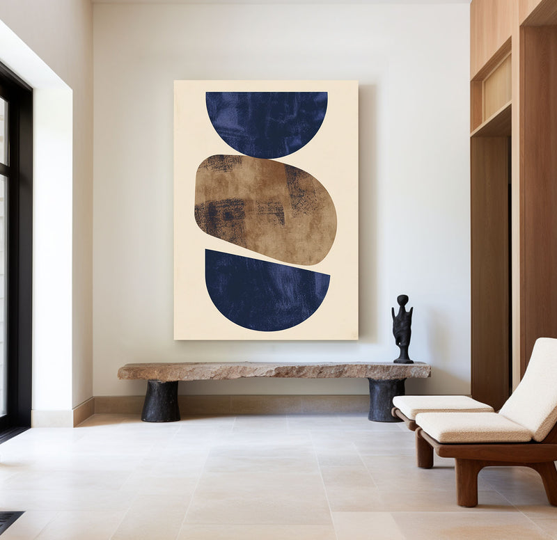 Beige And Blue Textured Geometric Abstract Painting Large Minimalist Wall Art For Sale