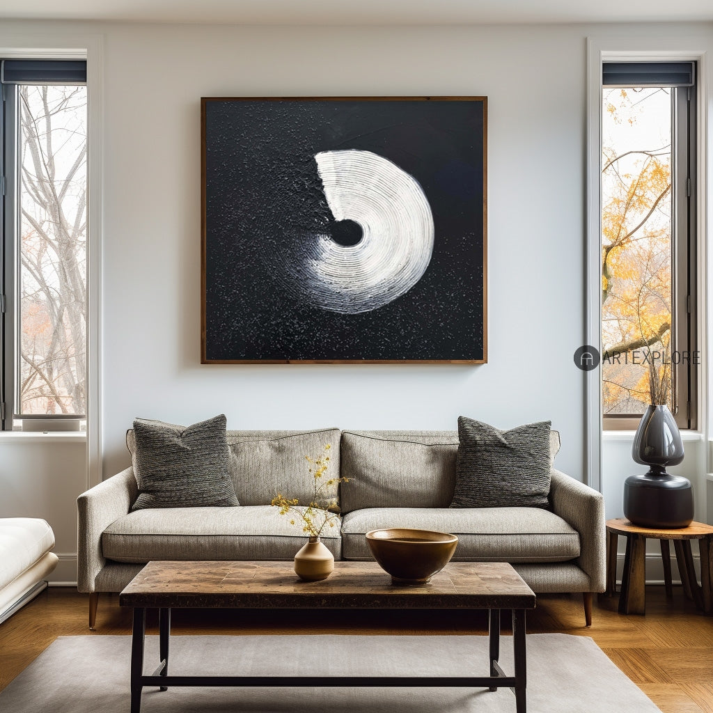 Minimalist Black And White Geometric Abstract Art,Large Framed Black And White Textured,Large Black Painting For Living Room