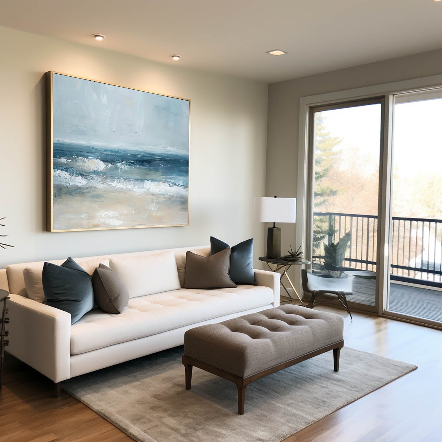 Large Abstract Blue Seascape Paintings On Canvas Modern Blue Textured Beach Canvas Wall Art Painting For Living Room Wall