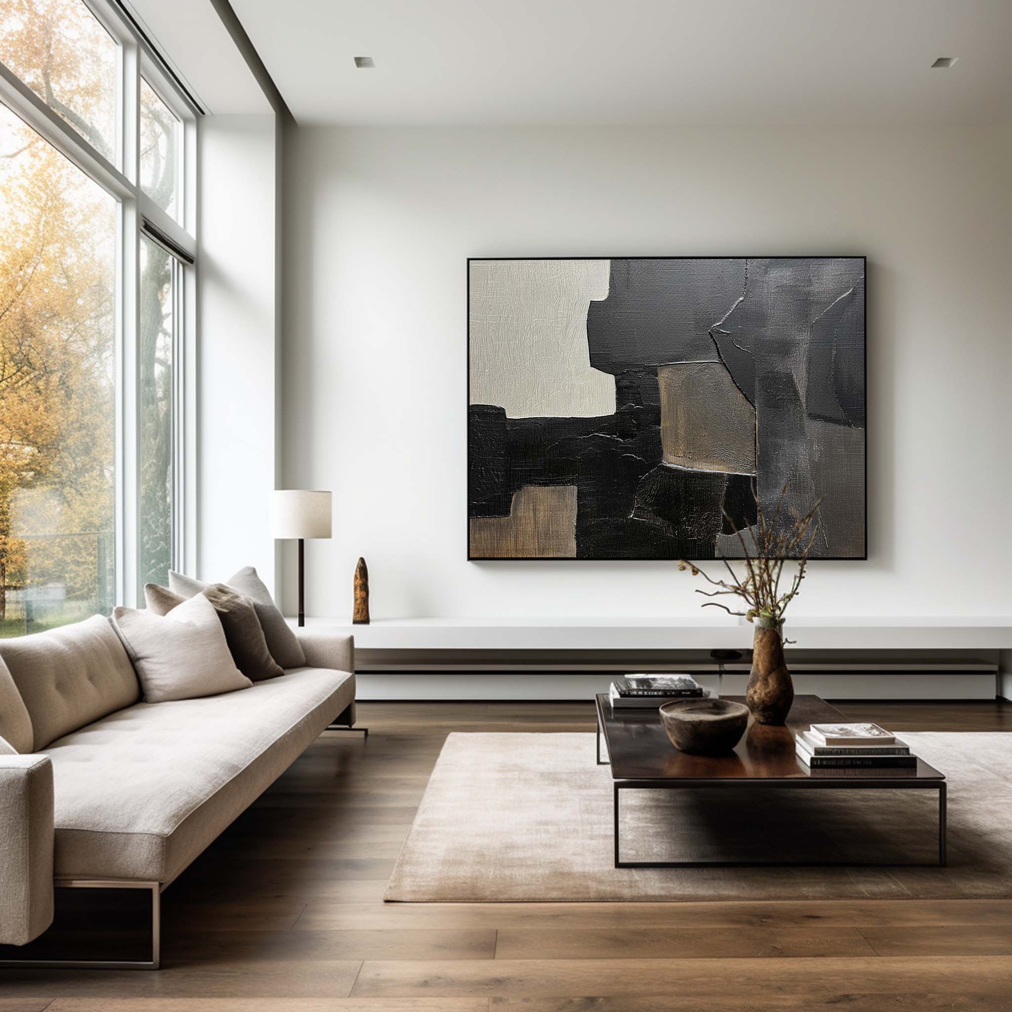 Black And Grey Wall Art Modern Abstract Acrylic Art Canvas Painting For ...