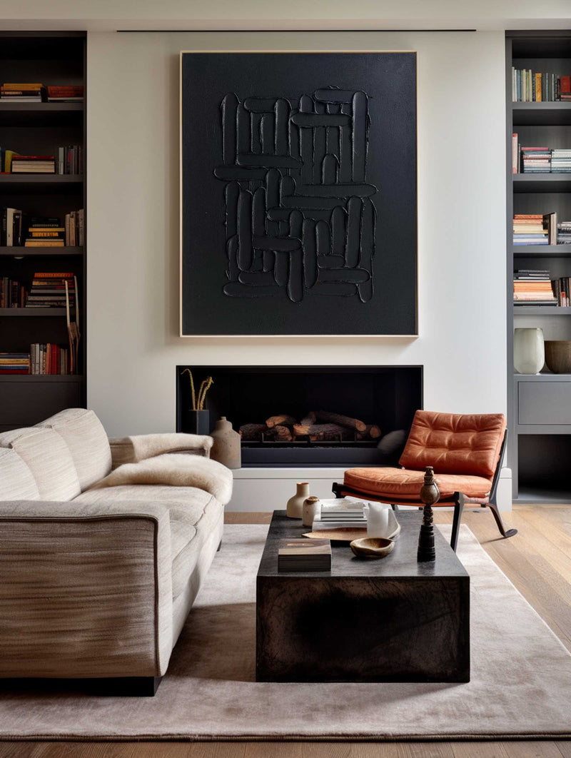 Modern Black Abstract Canvas Wall Art  Minimalist Painting Thick Plaster Texture Painting