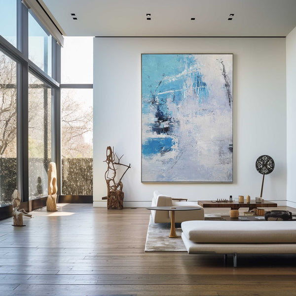 Large Blue Abstract Painting On Canvas Original Blue And White Canvas Paintings Oversized Light Blue Paintings Living Room Canvas Art