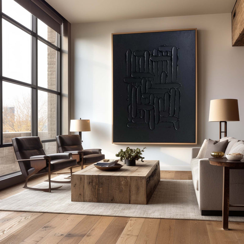 Modern Black Abstract Canvas Wall Art  Minimalist Painting Thick Plaster Texture Painting