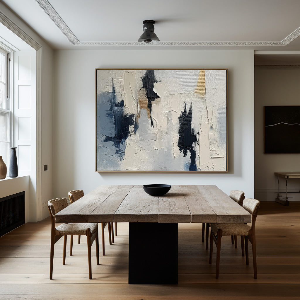 Beige And Blue Textured Modern Plaster  Wall Art Large White Blue Minimalist Canvas Abstract Painting For Sale
