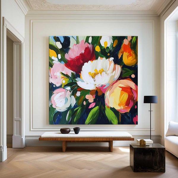 Colorful Flowers Painting Square Abstract Bauhaus Wall Art Rich Textured Canvas Art For Livingroom