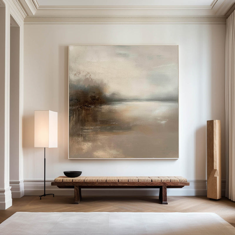 Dark Beige Lake View Painting Modern Landscape Canvas Painting Large Art For Livingroom