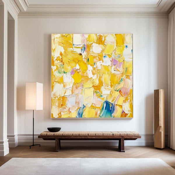 Large Yellow Textured Art Painting Plaster Painting Bauhaus Painting Square Textured Canvas Art