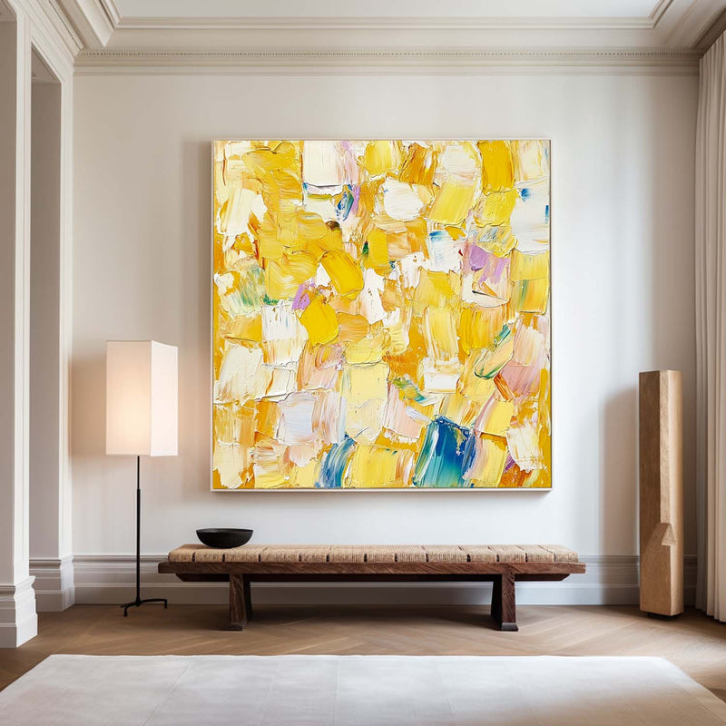 Large Yellow Textured Art Painting Plaster Painting Bauhaus Painting Square Textured Canvas Art