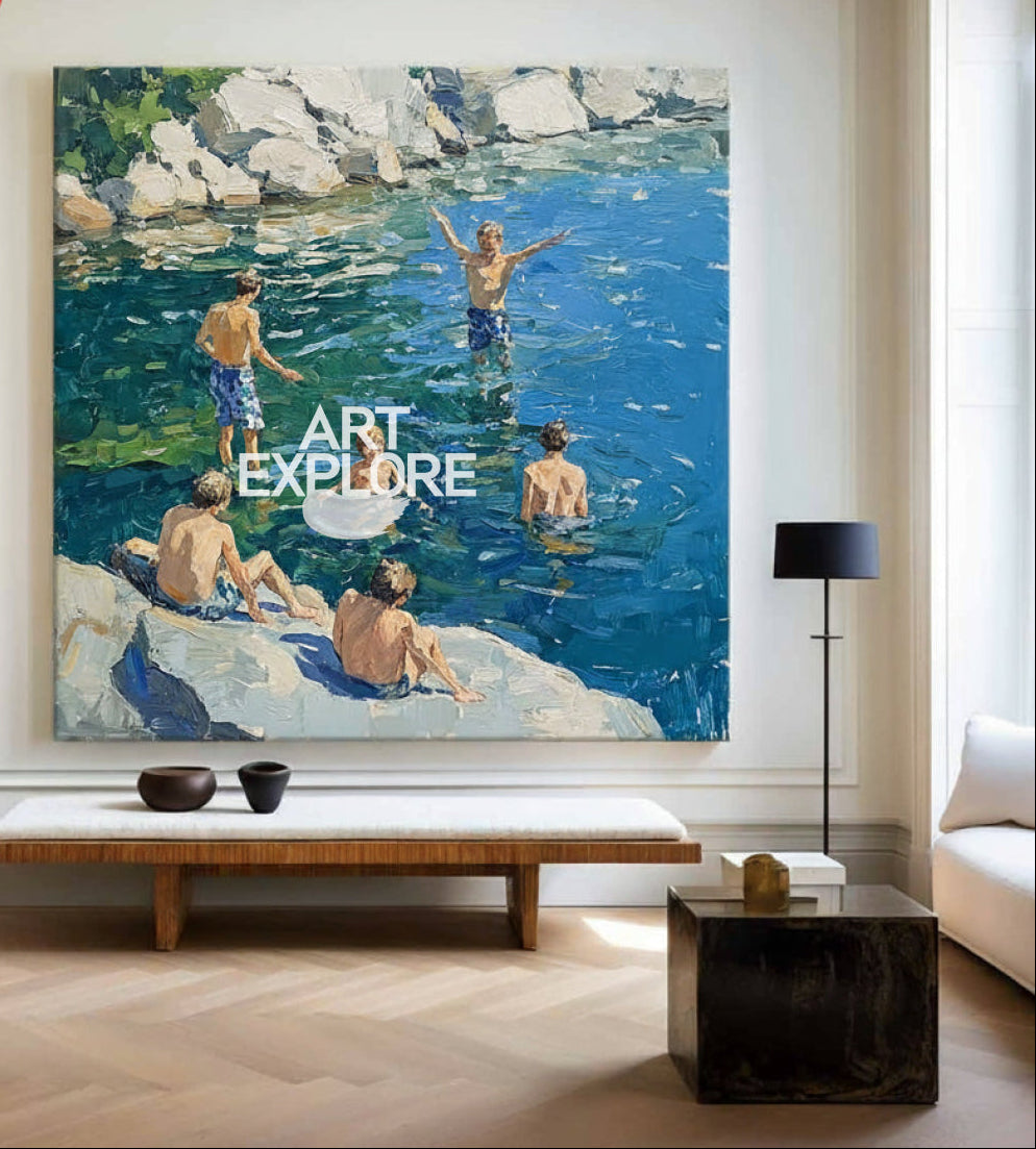 Large Swim and Play Wall Art Blue Home Party Textured Wall Art Swim Painting For Livingroom