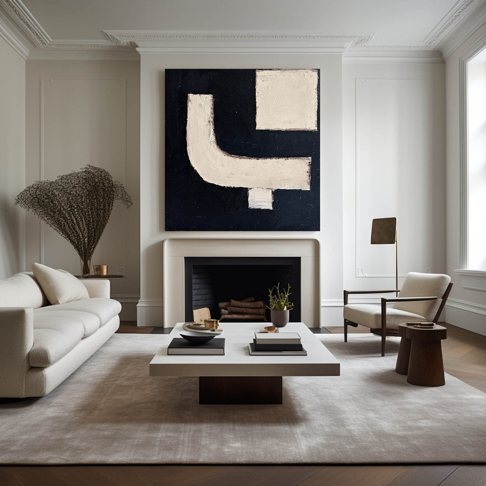 Modern Abstract Minimalist Black and White Canvas Wall Art, Japanese Minimalist Painting For Sale